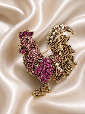 Vintage Glam Rooster Crystal Brooch
